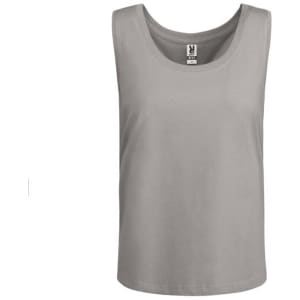 A grey tank top with a classic neckline and a branding logo on the label.