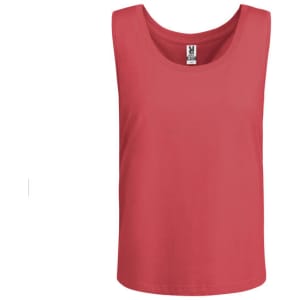 A coral tank top with a round neckline and a label inside, featuring a logo. Suitable as a singlet.