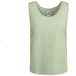 A light green tank top with a round neck and wide armholes, featuring a logo at the label.