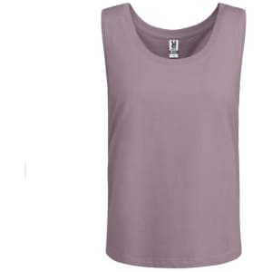 A lilac tank top with a round neckline and a branding label inside the collar.
