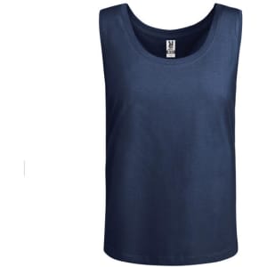 A navy blue tank top with a rounded neckline and a label tag, featuring a simple design.