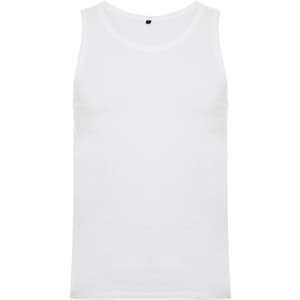 A white tank top with a simple design, featuring a branding logo on the label.