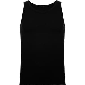 A black tank top with a classic sleeveless design. It features a simple construction and has a logo.