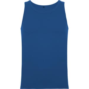 A blue tank top with no graphic design, featuring a sleeveless style and a simple round neckline.