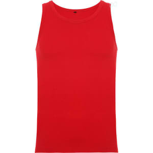 A red tank top with a classic singlet design and a logo on the label.