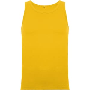 A yellow singlet tank top with a classic crew neck design and a plain fabric surface. It has a logo on the label.