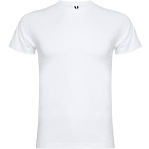 A white t-shirt featuring a logo on the neckline, with short sleeves and a crew neck design.