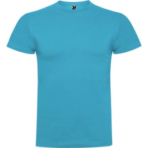 A turquoise T-shirt with a crew neck and short sleeves, featuring a logo on the neckline.