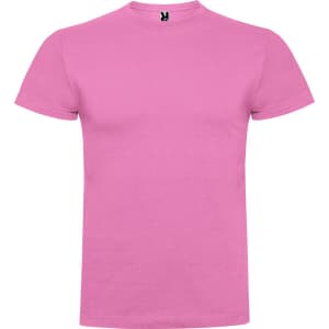 A pink T-shirt featuring a round neckline and short sleeves, with a logo on the collar.