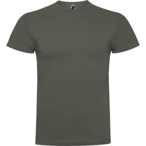 An olive green T-shirt with a crew neckline and short sleeves, featuring a logo on the collar.