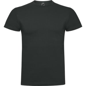 A black T-shirt with a crew neck and short sleeves, featuring a logo on the neckline.