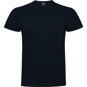 A navy blue t-shirt with short sleeves and a crew neckline. It has a logo on the collar.