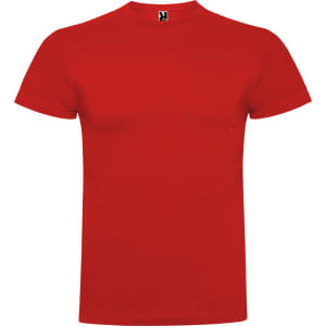 A red T-shirt featuring a round neckline and short sleeves, with a logo on the label.