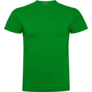 A green T-shirt featuring short sleeves and a round neckline, with a logo at the collar.