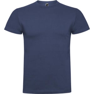 A navy blue T-shirt with a classic crew neck and short sleeves, featuring a logo on the neck.