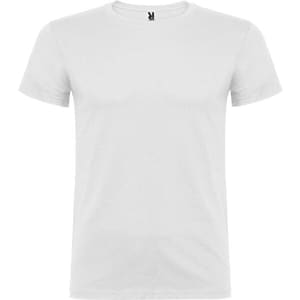 A plain white t-shirt with a round neckline and short sleeves. It features a logo at the neckline.
