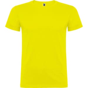 A bright yellow T-shirt featuring a simple design and a logo on the neck.