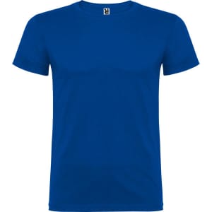 A blue T-shirt with a round neckline and short sleeves, featuring a branding logo at the collar.