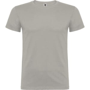 A plain grey T-shirt with a round neck and short sleeves, featuring a small logo on the neckline.