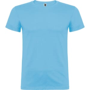 A light blue T-shirt with a round neckline and short sleeves. It features a small logo at the neck.