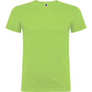 A bright green Beagle T-Shirt featuring a logo on the neckline. Short sleeves and a round neck design.