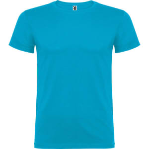 A bright turquoise T-shirt with a round neckline and short sleeves, featuring a logo tag on the collar.