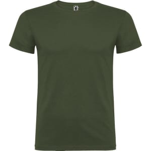 A green T-shirt with a simple round neck and short sleeves. It features a small logo on the label.