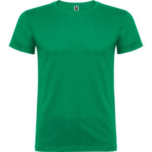 A bright green T-shirt with a round neckline and short sleeves, featuring a logo on the label.