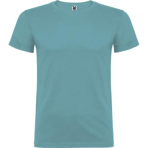 A light blue T-shirt featuring a round neckline and short sleeves, with a logo on the label.