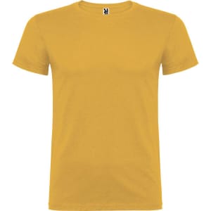 A plain yellow t-shirt with a crew neck and short sleeves, featuring a branding label on the neckline.