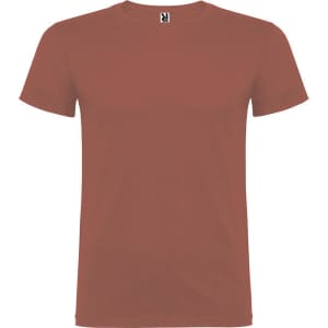 A rust-coloured t-shirt with short sleeves and a round neckline, featuring a branding label at the neck.