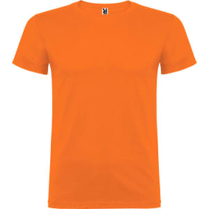 An orange T-shirt with short sleeves and a logo on the collar.