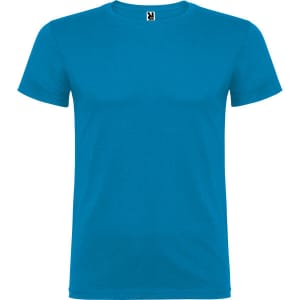 A plain blue t-shirt with a classic crew neck design and short sleeves. It features a branding label at the neckline.