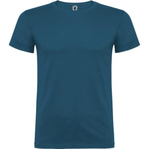 A teal t-shirt with a classic crew neck design and a branding label on the neckline.