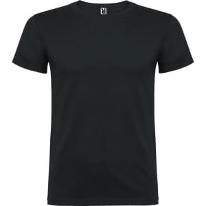 A black t-shirt with a round neckline, made from a soft fabric and featuring a logo on the tag.