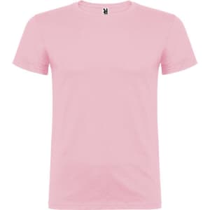 A pink T-shirt featuring a logo on the neckline, with a classic crew neck design.