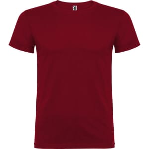 A red T-shirt featuring a crew neck design and short sleeves. It has a small logo on the collar.