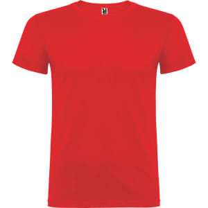 A red t-shirt with a round neck and short sleeves, featuring a logo on the neckline.