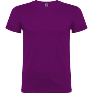 A purple T-shirt with a simple design and a logo at the neckline.
