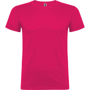 A vibrant pink T-shirt with a simple crew neckline and short sleeves, featuring a brand logo at the collar.