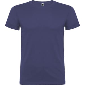 A blue t-shirt featuring a logo on the tag. It has short sleeves and a classic crew neck design.