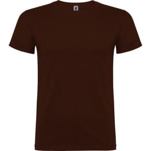 A brown T-shirt with a standard crew neckline and short sleeves, featuring a logo on the label.