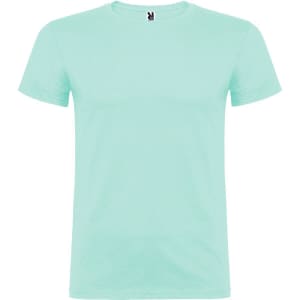 A mint green t-shirt with a crew neck and short sleeves, featuring a logo on the neckline.