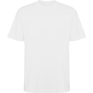 A plain white oversized T-shirt with short sleeves and a loose fit. It features a logo on one side.