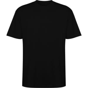 A black oversized T-shirt with short sleeves and a plain design. It features a logo on the front.