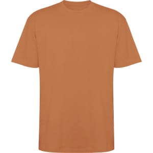 An oversized t-shirt in a warm, earthy orange hue, featuring short sleeves and a crew neck. It has a simple design.