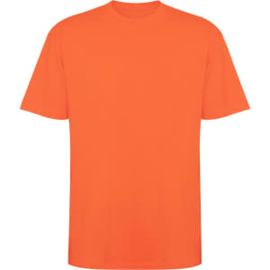 An orange oversized T-shirt. The shirt has short sleeves and a crew neck. It features a logo.