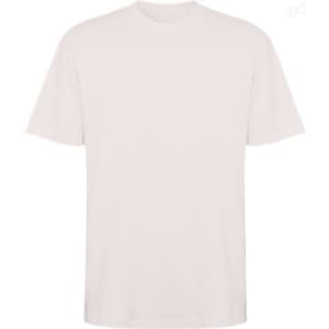 An oversized T-shirt in a light beige colour, featuring a plain design and short sleeves. It has a logo on the label.