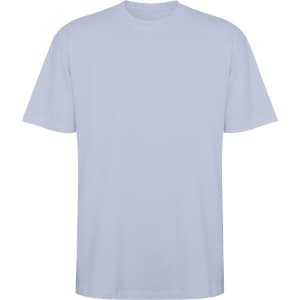 An oversized t-shirt in light blue, featuring a loose fit and short sleeves. It has a logo on it.