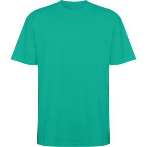 A teal oversized T-shirt with short sleeves, featuring a simple design and a logo.